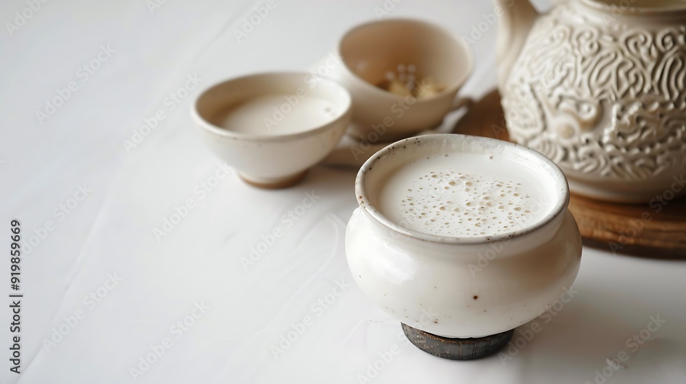 Beverage Airag Central Asia Mongolia Fermented mare's milk traditional Mongolian drink white background Beverage Airag Central Asia Mongolia Fermented mare's milk traditional Mongolian drink white background