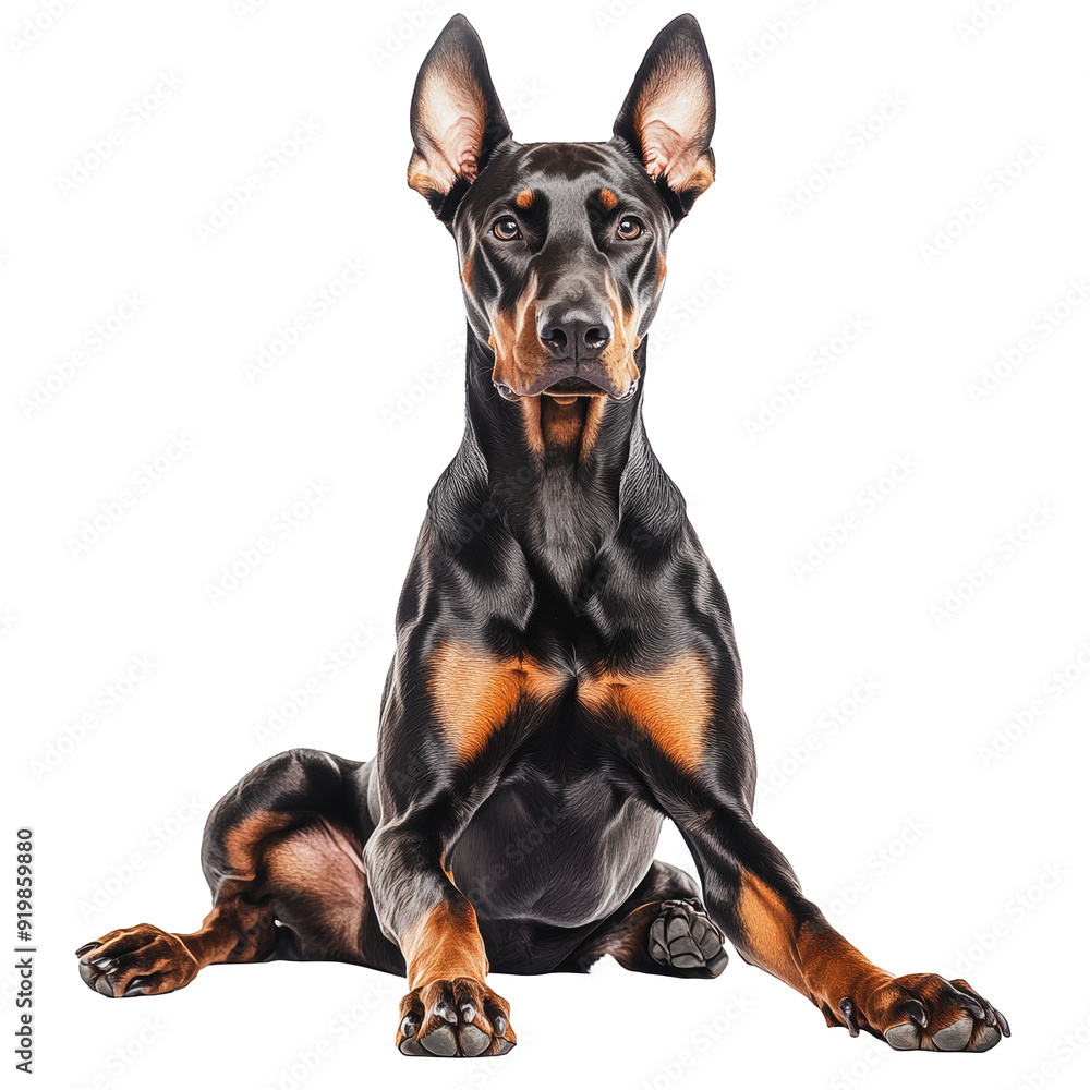 PNG Doberman sitting calmly on a white background PNG Doberman sitting calmly on a white background