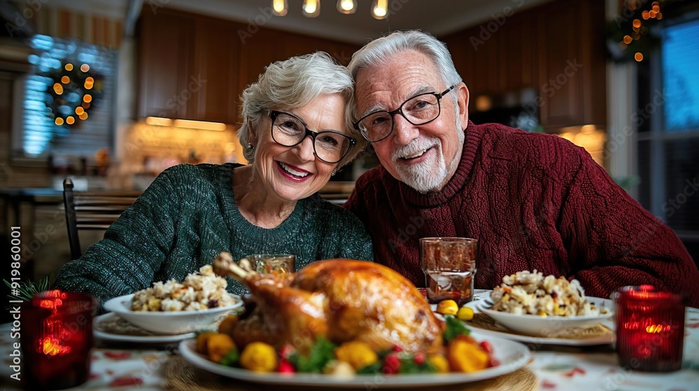 Wide-angle view of a mature American couple enjoying a traditional family meal in their home, with a focus on their cherished customs and warm environment. Wide-angle view of a mature American couple enjoying a traditional family meal in their home, with a focus on their cherished customs and warm environment.