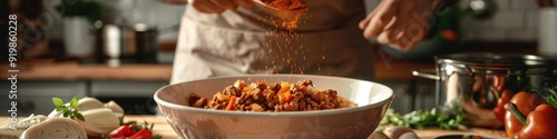 A person adds smoked paprika to ground meat in a bowl for preparing stuffed cabbage rolls. photo