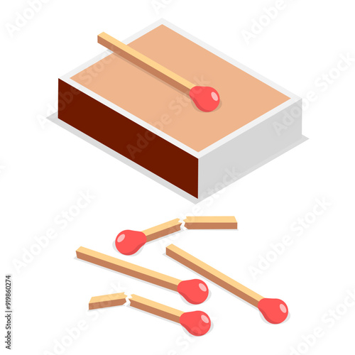 3D Isometric Flat Vector Illustration of Matchstick Box, Wooden Sticks for Making Bonfire Outdoor. Item 3