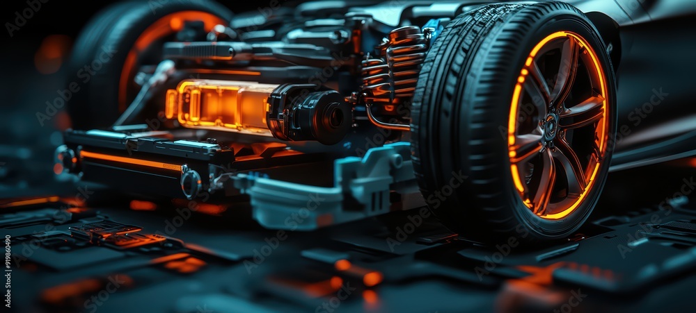 Fototapeta premium Power systems of an electric car, including the battery and electric motor