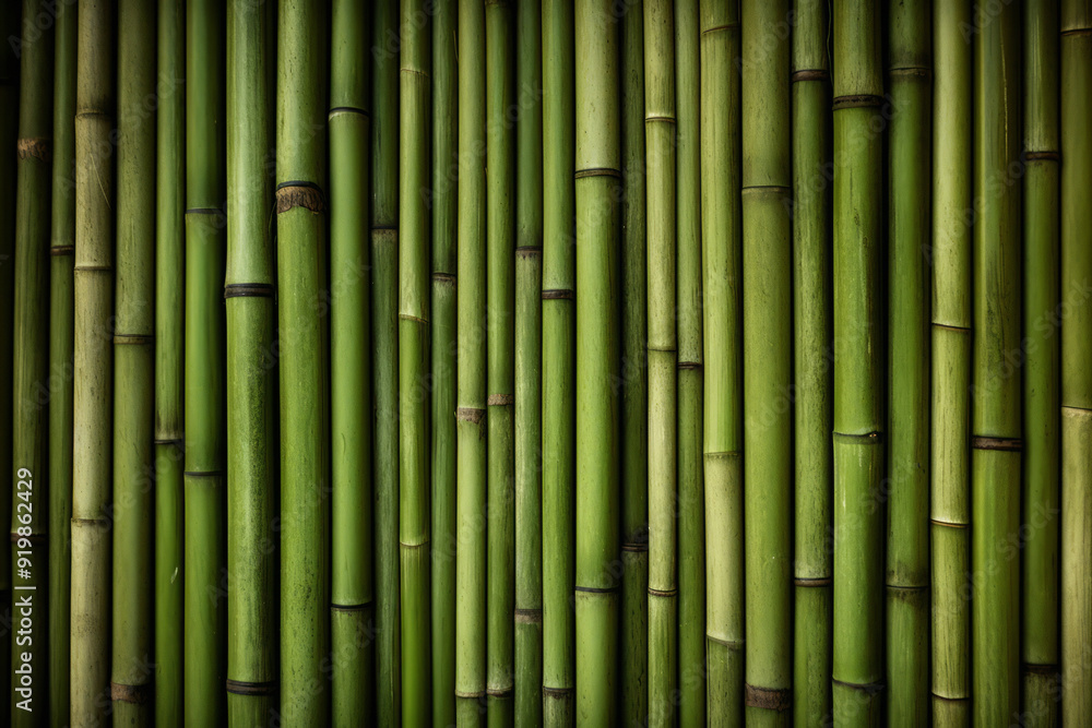 Fototapeta premium Processed collage of green bamboo fence surface texture. Background for banner, backdrop