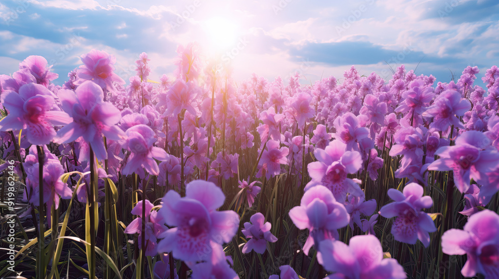 Naklejka premium purple orchid flowers at the field.