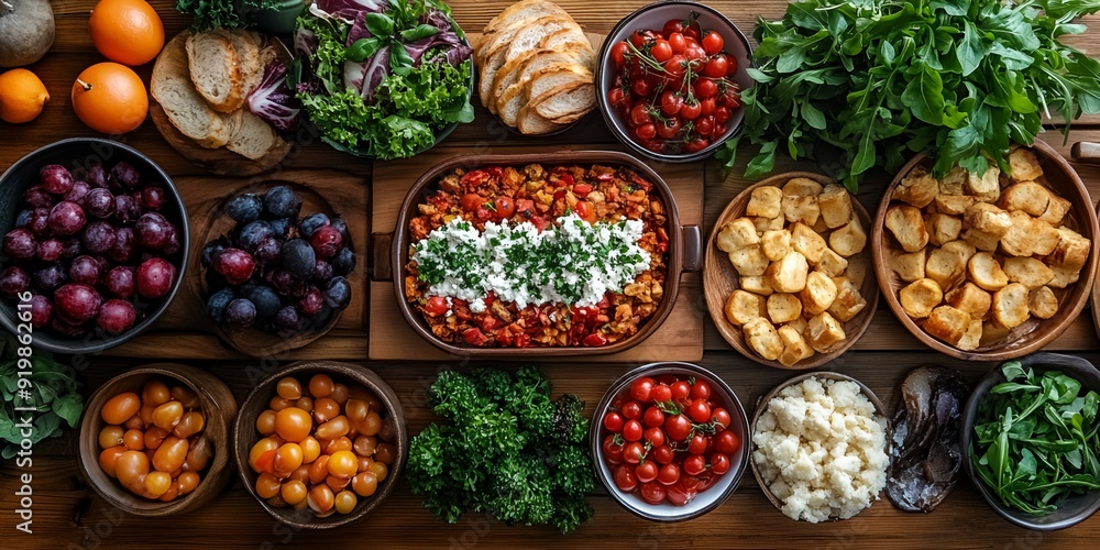 A table full of food with a variety of fruits and vegetables. The table is set for a meal and the food is arranged in bowls and plates A table full of food with a variety of fruits and vegetables. The table is set for a meal and the food is arranged in bowls and plates