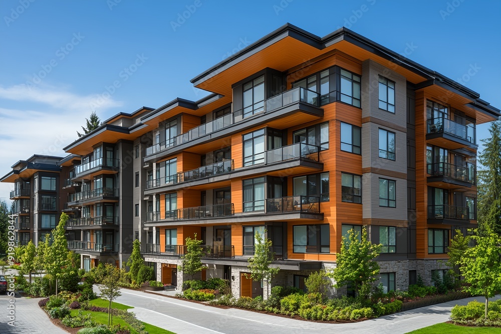 A large apartment building with a lot of windows and a brown facade. The building is surrounded by trees and a sidewalk A large apartment building with a lot of windows and a brown facade. The building is surrounded by trees and a sidewalk