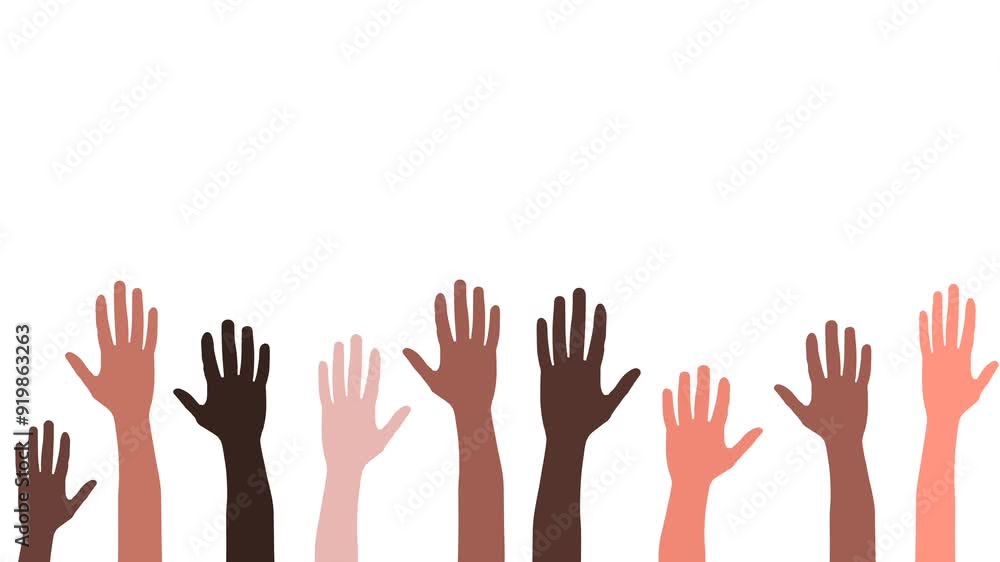 Animation of raised arms of a multiethnic and multicultural group of people. Friends, work team or group of people. White background and green screen background. Animation of raised arms of a multiethnic and multicultural group of people. Friends, work team or group of people. White background and green screen background.