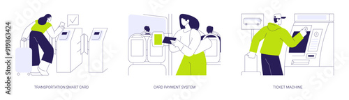 Public transport payment methods abstract concept vector illustrations.