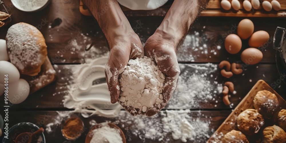 A man is holding a bag of flour in his hands. There are several eggs, a bowl, and a spoon on the table A man is holding a bag of flour in his hands. There are several eggs, a bowl, and a spoon on the table