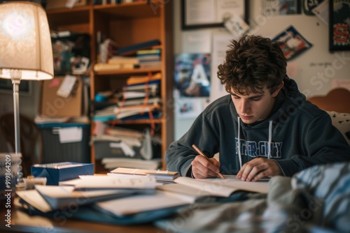 High School Graduate Writing Thank You Notes Surrounded by College Acceptance Letters in a Cozy Room