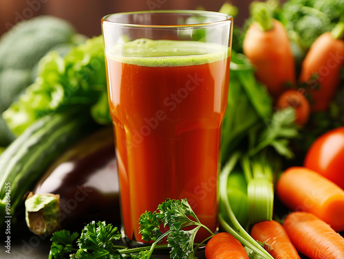 Fresh carrot and green vegetable juice in a glass.