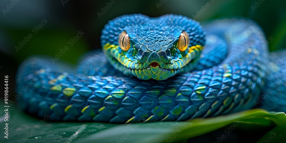 Fototapeta premium A blue and green snake is curled up on a leaf. The snake is small and has a bright blue head