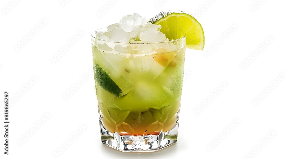 Beverage Caipirinha America Brazil sugarcane spirit cocktail white background Beverage Caipirinha America Brazil sugarcane spirit cocktail white background