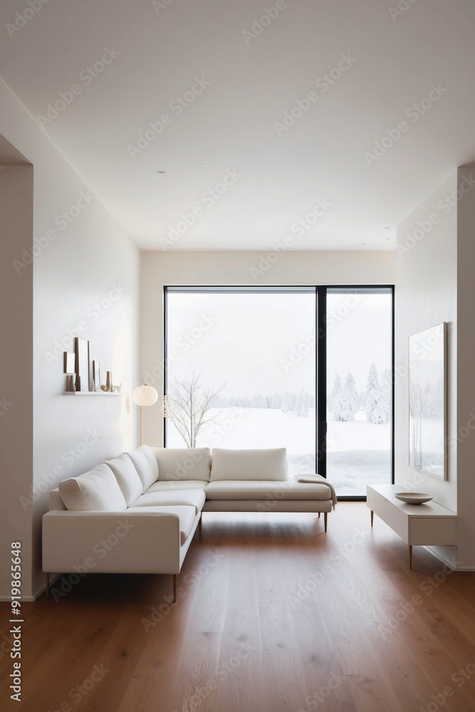Modern minimalistic living room, white interior with arctic scenery behind big floor to ceiling windows Modern minimalistic living room, white interior with arctic scenery behind big floor to ceiling windows