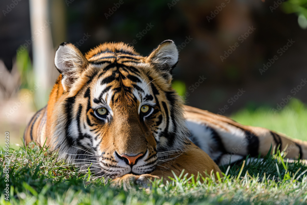 Fototapeta premium A tiger is laying on the grass with its eyes closed