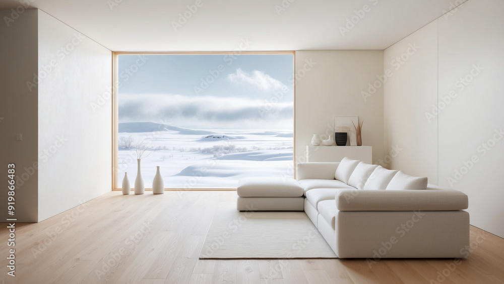 Modern minimalistic living room, white interior with arctic scenery behind big floor to ceiling windows Modern minimalistic living room, white interior with arctic scenery behind big floor to ceiling windows
