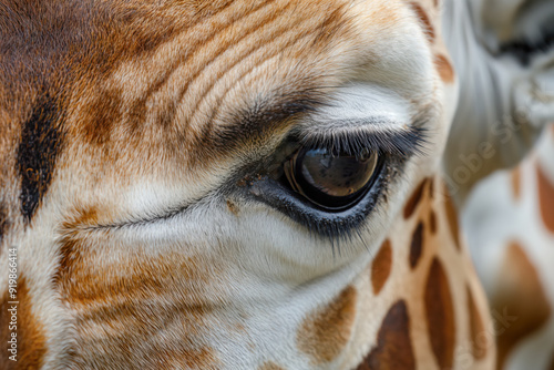 A close up of a giraffe's eye with a brown and white pattern