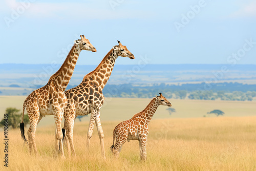 Three giraffes standing in a field with a beautiful blue sky in the background