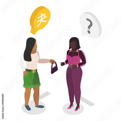 3D Isometric Flat Vector Illustration of Language Knowledge Skills And Racial Respect , Multiethnic Student Community. Item 1