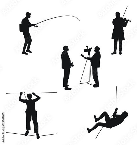 Fisherman, musician, violinist, journalist, tourist, climber, silhouettes of people, professions, hobbies
