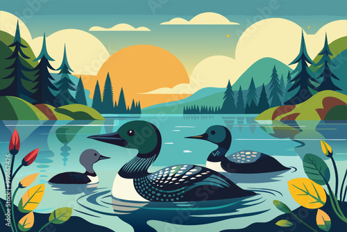 ducks on the lake. A family of loons enjoying a peaceful swim on a serene lake vector art illustration photo