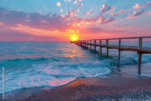 Fototapeta Naklejka Na Ścianę i Meble -  Sunset Over Beach Pier in Antalya, Turkey