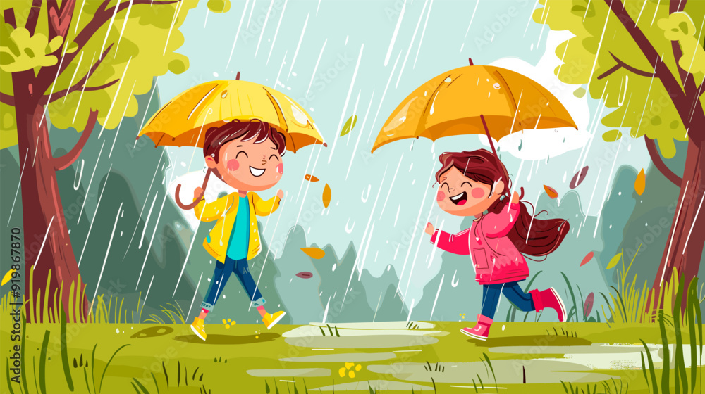 Children walking in rain. Boy and girl under umbrella walk and play ...