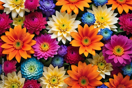 Colorful flowers as a background. Floral pattern. Top view.