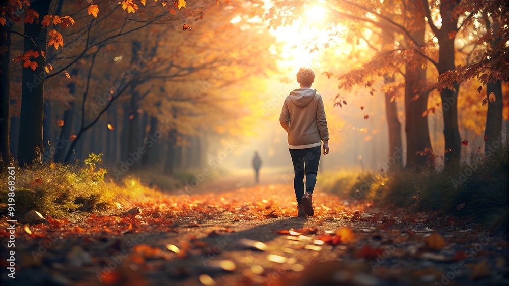 Person Strolling Through Autumn Woods at Sunrise Person Strolling Through Autumn Woods at Sunrise