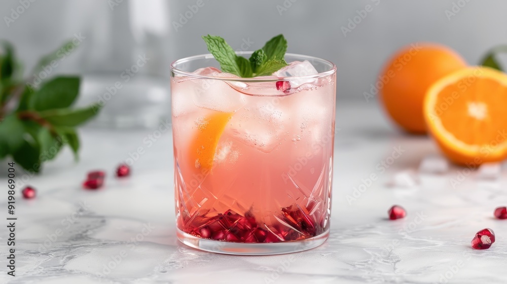 A glass of pink drink with a garnish of mint and a slice of orange A glass of pink drink with a garnish of mint and a slice of orange