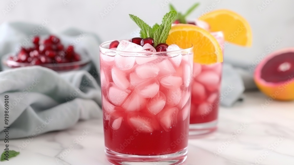 A glass of pink drink with a garnish of mint and orange slices A glass of pink drink with a garnish of mint and orange slices