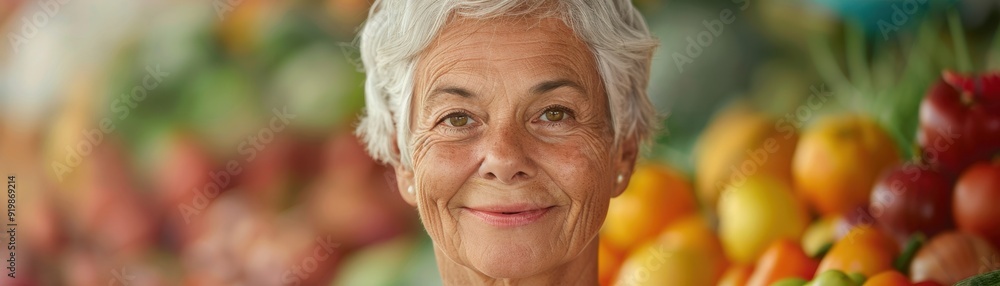 A woman with white hair is smiling at the camera in front of a fruit stand A woman with white hair is smiling at the camera in front of a fruit stand