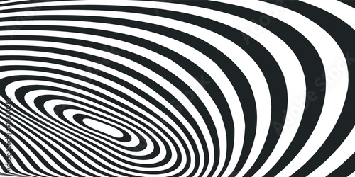 Abstract hypnotic spinning lines background. Black and white tunnel wallpaper. Psychedelic twisted stripes pattern. Rotating spiral knot template for poster, banner, cover. Vector optical illusion