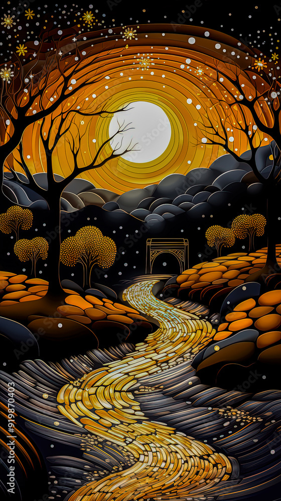 Obraz premium Autumn night landscape with moon, forest and winding road. A storybook cartoon illustration, fantasy art, poster art.