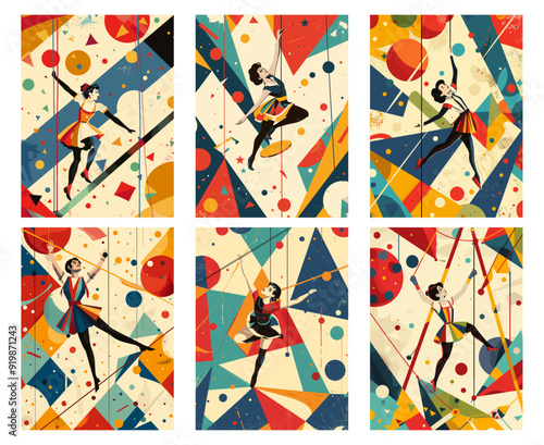 Circus aerialist poster. Air acrobat abstract retro posters, performer fun carnival girl gymnast show vector illustration