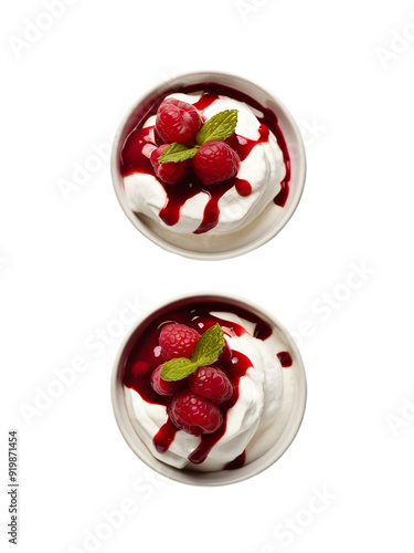 Summer Berry Delight: Two decadent dessert bowls, each brimming with whipped cream, fresh raspberries, and a drizzle of luscious red sauce. A symphony of colors and textures for a sweet treat that tan