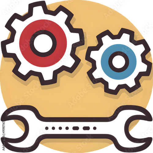 Gears of Innovation: A  wrench and two gears, one red and one blue,  symbolize the power of collaboration, engineering, and problem-solving.  The bold, colorful design evokes a sense of creativity and