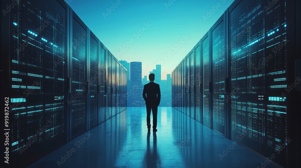 Silhouette of a person standing in a data center corridor with servers and cityscape background Silhouette of a person standing in a data center corridor with servers and cityscape background