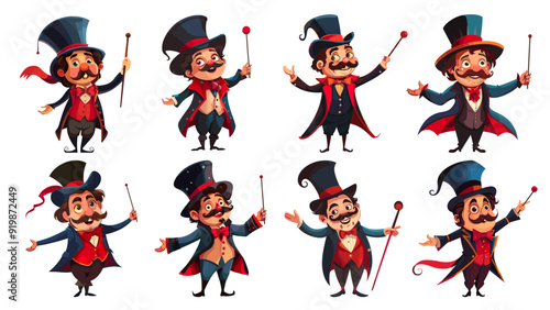Circus magician characters set. Cartoon magicians, man performer illusion illusionist in costume suit with magic wand and hat, mystery male wizard vector illustration