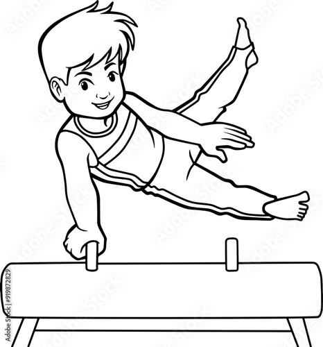gymnastics kid training on pommel horse isolated on white background