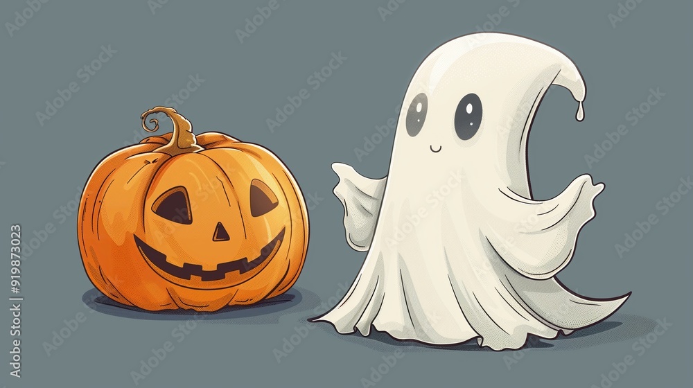 Drawing of a cheerful little ghost with a Halloween pumpkin on a gray background. Cartoon Halloween background. Drawing of a cheerful little ghost with a Halloween pumpkin on a gray background. Cartoon Halloween background.