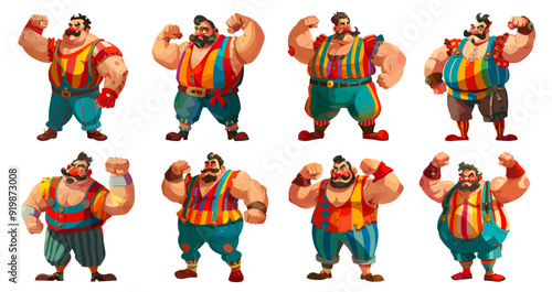 Circus strongman set. Strong muscular man with mustache cartoon characters, athlete power bodybuilder person strength performance carnival male show vector illustration