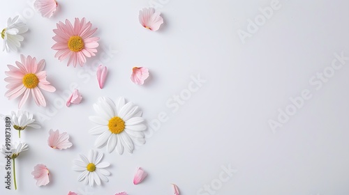 Pink and white daisies with scattered petals on white background. Minimalist floral design with copy space. Ideal for spring-themed banners, invitations, or greeting cards. Flat lay photography.