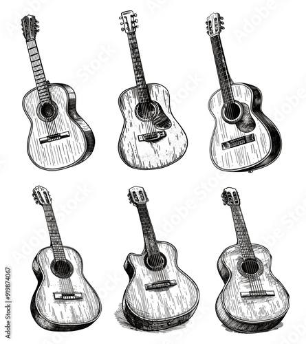 Classical guitars set. Music string acoustic instrument guitar for play rock metal jazz classic melody drawing sketch vector illustration
