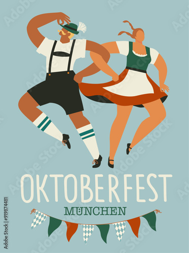 Oktoberfest, beer festival. Dancing young couple hands holding hands in the form of a pretzelCharacters in German national dress. Vector flat illustration.