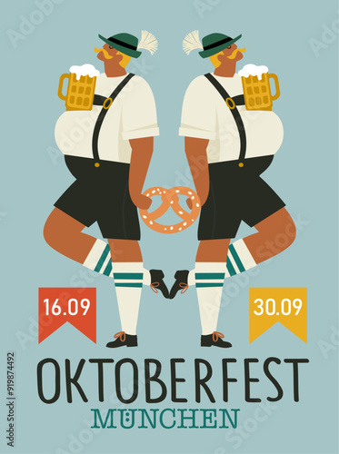 Oktoberfest, beer festival. Two fat men in a national costume with beer on their bellies holding a pretzel. Vector flat illustration.