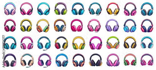 Colorful headphones set. Cartoon earphones, headphone headset music audio stereo technology sound dj device ear equipment listen volume accessory earphone set vector illustration