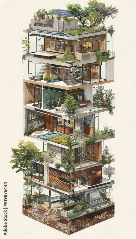 Cross Section Diagram of a Sustainable Green Building with Solar Panels and Eco-friendly Features Cross Section Diagram of a Sustainable Green Building with Solar Panels and Eco-friendly Features