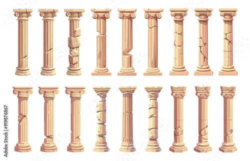 Columns set. Ancient greek classic pillar architecture roman antique column white marble pillars stone building element greece decoration doric or corinthian pedestal vector illustration