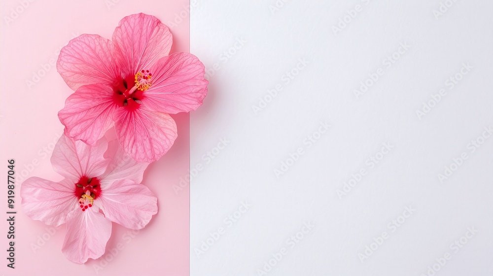 Pink hibiscus flowers on split pastel pink and white background. Minimalist floral layout with copy space. Ideal for summer-themed banners, invitations, or greeting cards. Flat lay composition. Pink hibiscus flowers on split pastel pink and white background. Minimalist floral layout with copy space. Ideal for summer-themed banners, invitations, or greeting cards. Flat lay composition.